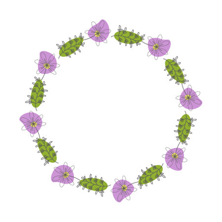 Template frame of spring flowers line art on a white background. Floral design for wedding invitation, banner, poster. Colored. Round.のイラスト素材