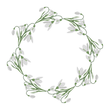 A frame of snowdrops for your design. First spring flowers. Round frame.. Vector illustration.のイラスト素材