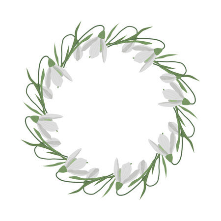 A frame of snowdrops for your design. First spring flowers. Round frame.. Vector illustration.のイラスト素材