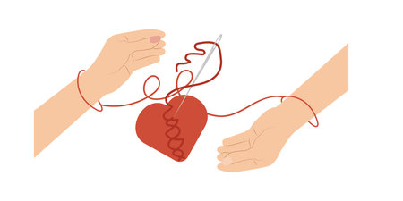 Red heart in hands man and woman. Hands sew up a broken heart. Reconciliation concept.のイラスト素材