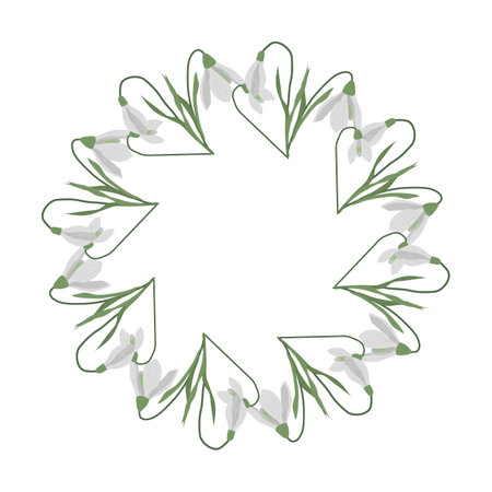 A frame of snowdrops for your design. First spring flowers. Round frame.. Vector illustration.のイラスト素材