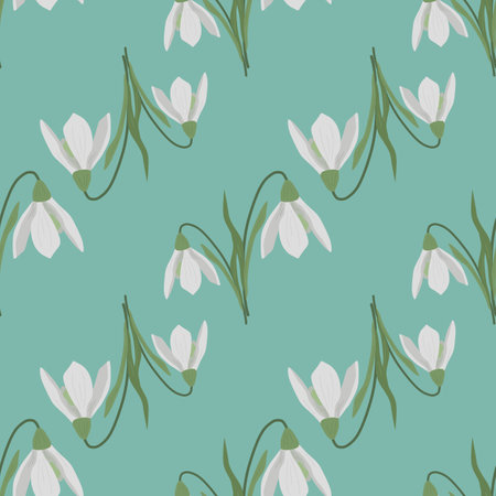 Seamless pattern with first spring flowers and snowdrops. Flowers on a blue background. Vector illustration.のイラスト素材