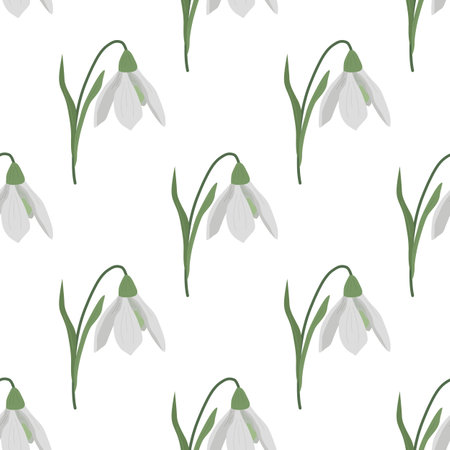 Seamless pattern with spring flowers and snowdrops. Isolated on white background. Vector illustration.のイラスト素材