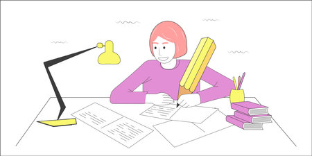 A student with a pencil in his hand isolated on a white background. He writes with a yellow pencil with an eraser. Poster design, web design, landing page. Vector flat illustration.のイラスト素材