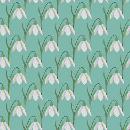Seamless pattern with first spring flowers and snowdrops. Flowers on a blue background. Vector illustration.のイラスト素材
