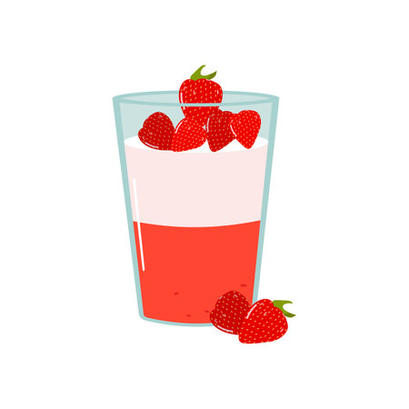 Fruit dessert isolated on a white background. A glass with juicy fresh berries strawberries. Design for banner, poster, menu cafe, postcard. Vector flat illustration.のイラスト素材