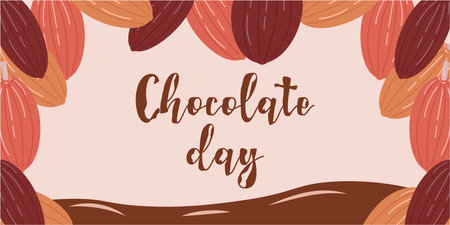 Chocolate Day white background cocoa beans text. The concept of the holiday. Design for a banner, poster. Vector flat illustration.のイラスト素材