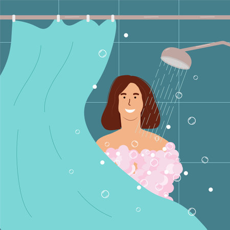Taking shower, hygiene and relax, bathroom concept. Happy girl in the bathroom. Vector illustration.のイラスト素材