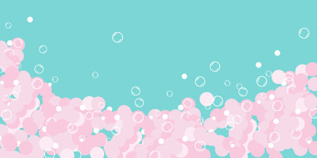 A pile of foam on a blue background. Website template, banner, foam party flyer. Aqua park, swimming pool. Horizontal vector illustration.のイラスト素材