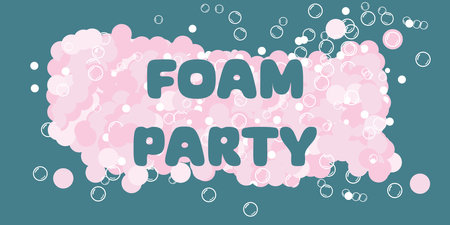 A pile of foam on a blue background. Website template, banner, foam party flyer. Aqua park, swimming pool. Horizontal vector illustration with text.のイラスト素材
