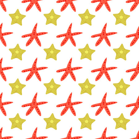 Summer abstract seamless pattern of marine plants. Starfish. Marine theme. Print design, wallpaper, packaging. Vector flat illustration.のイラスト素材