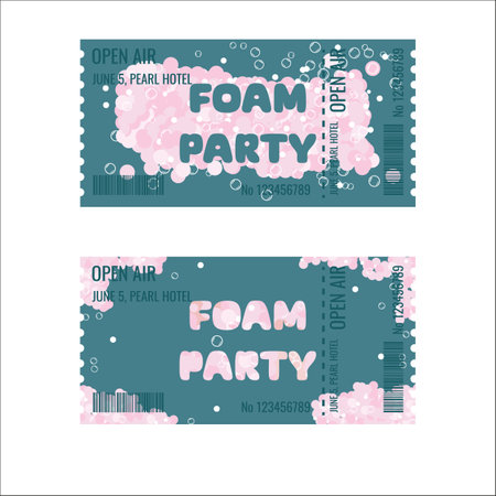 A ticket template for a summer party. Invitation to a foam party. Horizontal colorful layout design for events, web banners, posters. Vector illustration.のイラスト素材