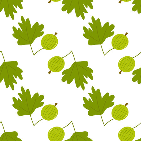 Color seamless pattern of various summer elements. A branch with green gooseberry berries and leaves. Fashion design, packaging, background. Vector flat illustration.のイラスト素材