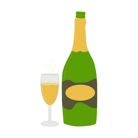 Champagne drink isolated on a white background. A bottle of champagne with a glass. A flying cork from a bottle. Poster, postcard, flyer design. The concept of the holiday. Vector flat illustration.のイラスト素材