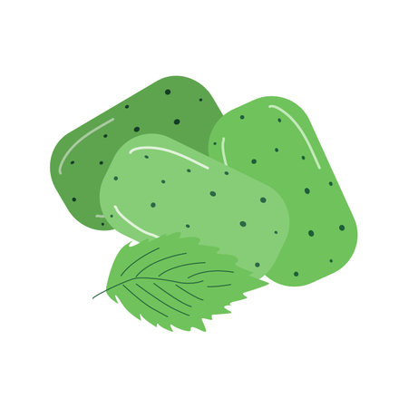 Mint flavor chewing gum. Fresh breath, hygiene. Isolated peppermint pills. Vector flat illustration.のイラスト素材