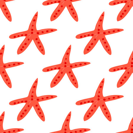 Summer abstract seamless pattern of marine plants. Starfish. Marine theme. Print design, wallpaper, packaging. Vector flat illustration.のイラスト素材