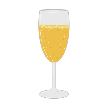 Champagne drink isolated on a white background. A glass of champagne. Bubbles. A flying cork from a bottle. Poster, postcard, flyer design. The concept of the holiday. Vector flat illustration.のイラスト素材