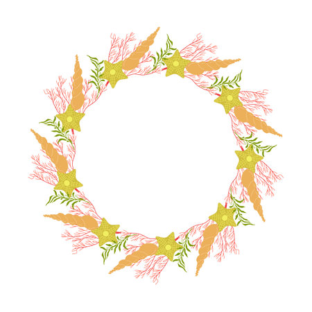Frames made of summer elements white background. Algae, corals, seashell, starfish. A frame of marine elements. Design of a poster, banner, postcard. Vector illustrationのイラスト素材