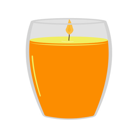 Flat illustration of typical scented wax candle isolated on white. Yellow candle in a glass. Home design, interior, light..concept. Vector.のイラスト素材