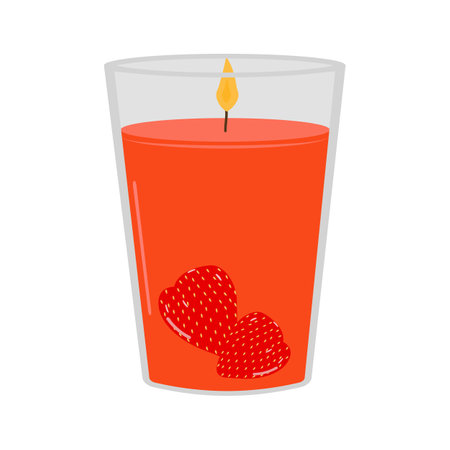 Flat illustration of typical scented wax candle isolated on white. Home design, interior, light..concept. Candle with the aroma of strawberries. Vector.のイラスト素材