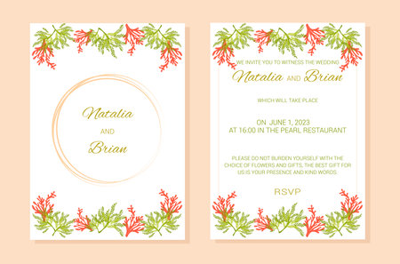 Wedding invitation summer marine theme plants layout. A frame of marine elements with text. Algae, corals. Vector illustration.のイラスト素材