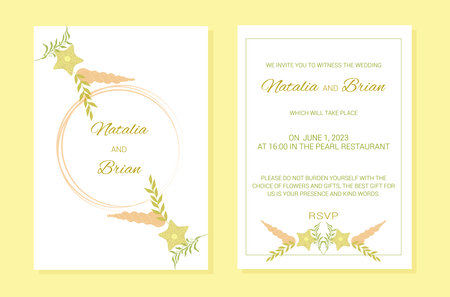 Wedding invitation summer marine theme plants layout. Seashell, seaweed, starfish. A frame of marine elements with text. Vector illustration.のイラスト素材