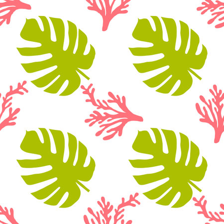 Seamless summer color pattern of abstract shapes.Sea corals and palm leaf. Background design,...