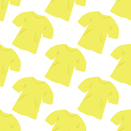 Color seamless pattern of various summer elements. Clothes. Beige T-shirt. Fashion design, packaging, background. Vector flat illustration.のイラスト素材