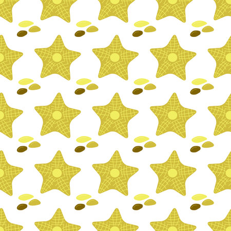 Summer abstract seamless pattern of marine plants. Starfish. Pebbles. Marine theme. Print design, wallpaper, packaging. Vector flat illustration.のイラスト素材