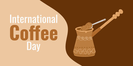 Coffee day. The concept of the holiday. A spoon with coffee is poured into a turk. Banner, poster, postcard design. Vector flat illustration.のイラスト素材