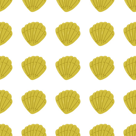 Color seamless pattern of various summer elements. Beige shells. Fashion design, packaging, background. Vector flat illustration.のイラスト素材