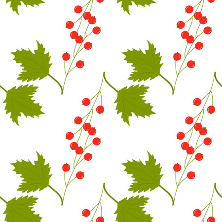 Color seamless pattern of various summer elements. A branch of red currant with leaves. Fashion design, packaging, background. Vector flat illustration.のイラスト素材