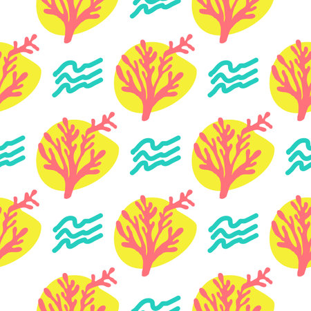 Seamless summer color pattern of abstract shapes.Waves, corals and a yellow spot. Background design, packaging, fabric. Vector illustration...のイラスト素材