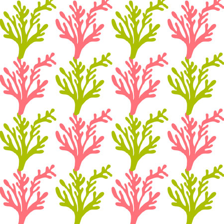 Seamless summer color pattern of abstract shapes.Corals are green and red. Background design, packaging, fabric. Vector illustration...のイラスト素材