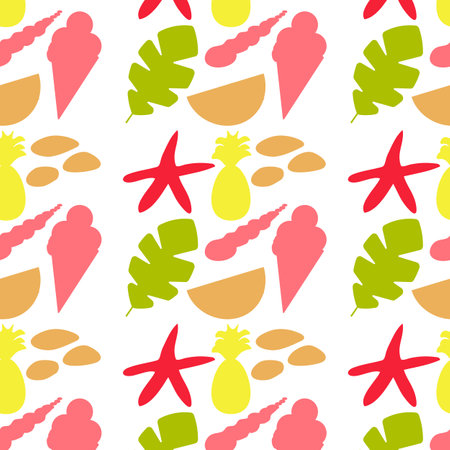 Seamless summer color pattern of abstract shapes.Starfish, ice cream, pebbles and palm leaf. Background design, packaging, fabric. Vector illustration...のイラスト素材