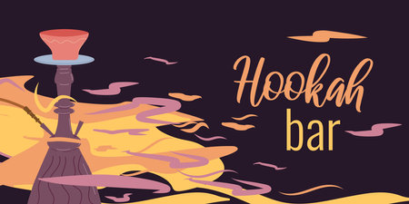 Banner layout design template for hookah bar. On a dark background. Hookah in colored smoke. Vector flat illustration.のイラスト素材