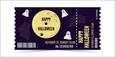 Layout of the Halloween Party Ticket Template. The moon is surrounded by creepy ghosts and crawling spiders. Horizontal colorful design for events. The concept of the holiday. Vector illustration.のイラスト素材