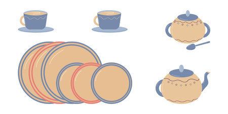 Set of tableware for decorating dining room. Plates with cups, a teapot and a sugar bowl. Vector illustration.のイラスト素材