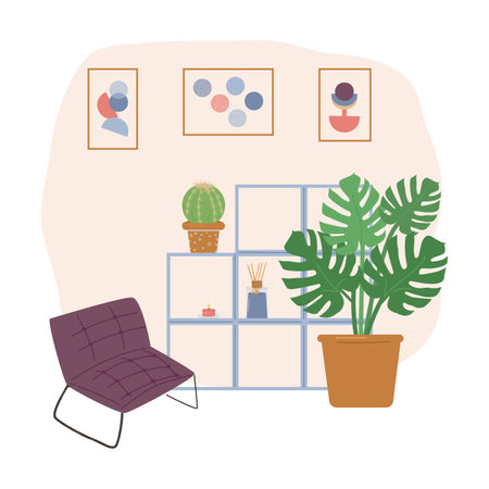 Stylish living room interior with trendy furniture. Cozy living room shelf with flowers and a padded chair. Vector flat illustration.のイラスト素材