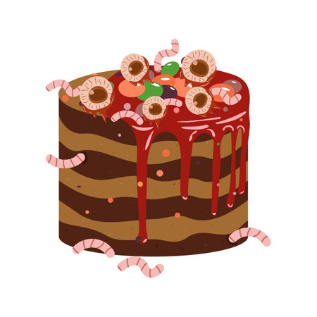 Scary Halloween dish. Zombie menu. Terrible food. Cake with worms with bloody glaze and eyes white background. Design of the Halloween menu banner. Vector illustration...のイラスト素材