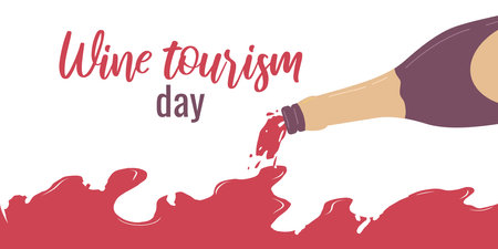 Wine tourism day. Wine pours from the bottle. Concept holiday. Banner template, poster, invitation cards, web design. Vector flat illustration...のイラスト素材