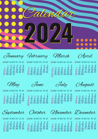 2024 calendar happy new year. Vertical blue purple pink yellow. Fashionable bright colors style 90s. Layout template. Design poster, banner. Vector illustration.のイラスト素材