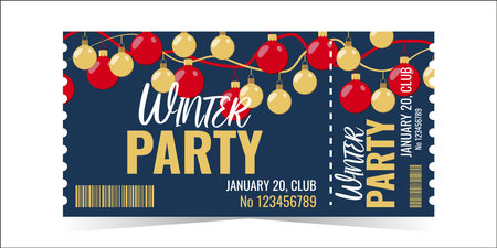 Winter Party Ticket layout template card design. Christmas balls golden and red. Winter holiday invitation card. Vector flat illustration.のイラスト素材