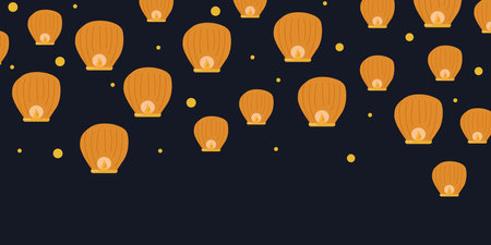 Background of Chinese lanterns. In the dark blue sky. Chinese New Year. Design website, banner, poster. Color vector illustration.のイラスト素材