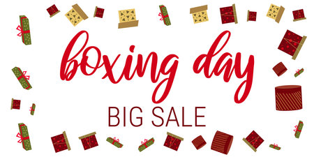 Boxing Day. Horizontal banner. Color Holiday Boxes. Gift Box frame big discount. Design greeting cards. Party, Christmas, birthday. Vector illustration.のイラスト素材