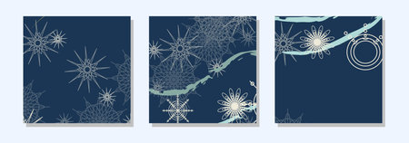 Square winter post templates for social networks. Abstract snowflakes dark blue background. Christmas winter theme. Banner design. Vector illustration.のイラスト素材