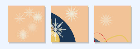 Square winter post templates for social networks. Golden Christmas ball and snowflakes on a light pink abstract background. Christmas winter theme. Banner design. Vector illustration.のイラスト素材