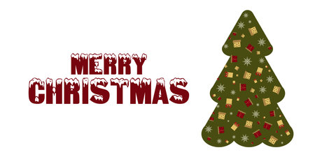 Decorated Christmas tree on a white background. Christmas tree decorated with snowflakes and gift boxes. Design postcard flyer, coupon. Conception holiday. Vector illustration.のイラスト素材