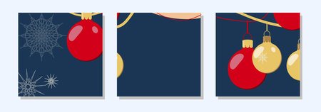 Square winter post templates for social networks. Golden and red Christmas balls. Christmas winter theme. Banner design. Vector illustration.のイラスト素材