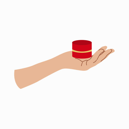 Giving a gift. Hand with Gift box Design for banner, web. Hand holds a small red box. Vector illustration...のイラスト素材